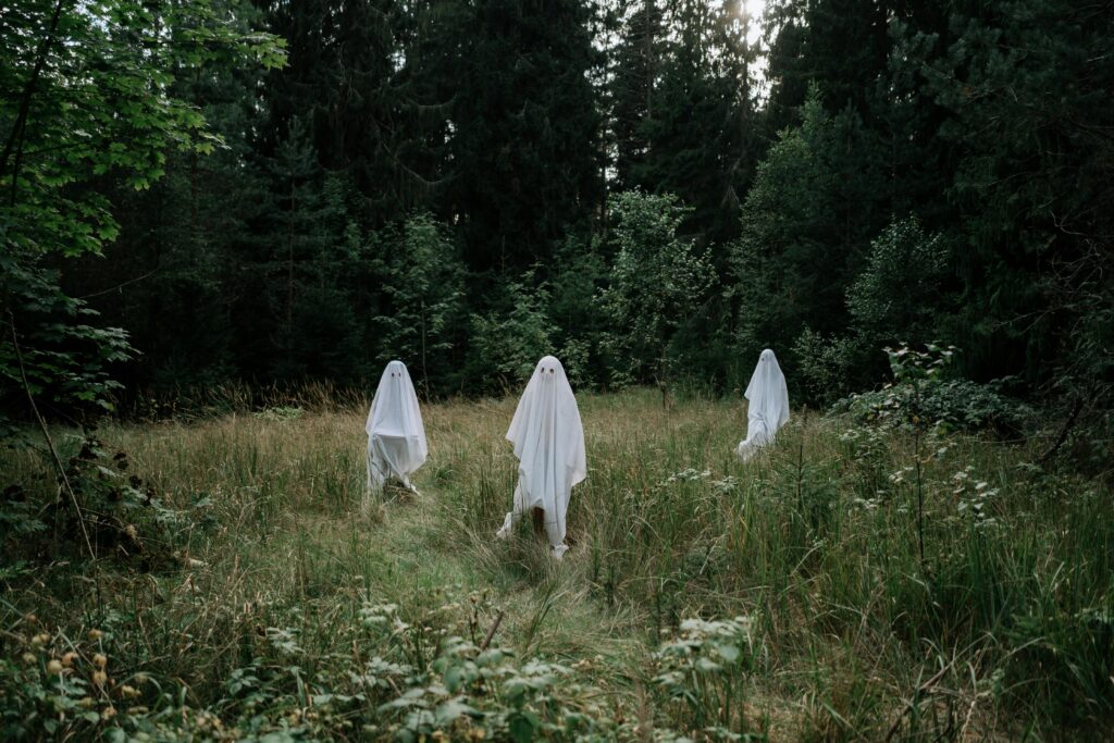 A grass opening within a woodland and three people dressed as ghost stood in the center looking forwards.